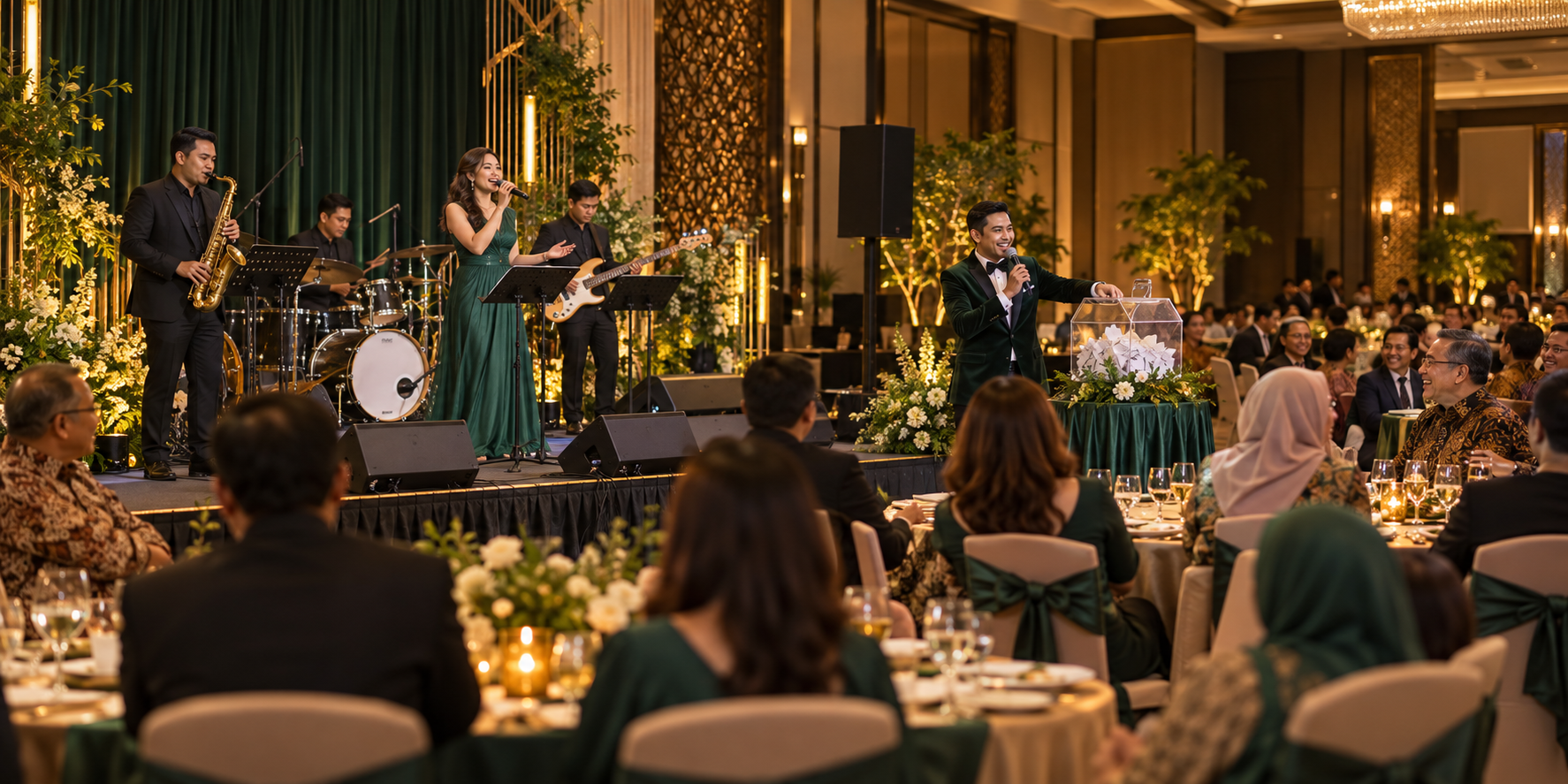 Live band and lucky-draw host at an elegant fundraising dinner